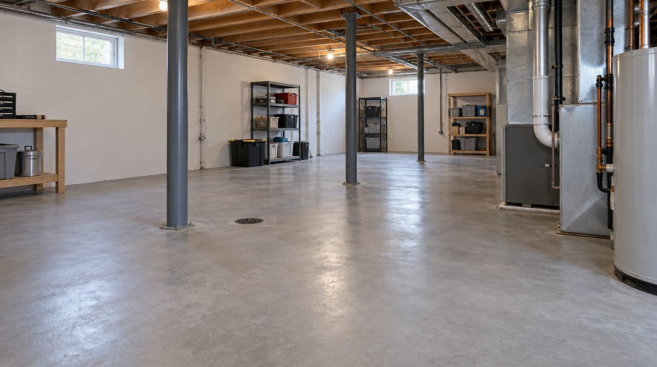 Bare basement concrete floor before coating