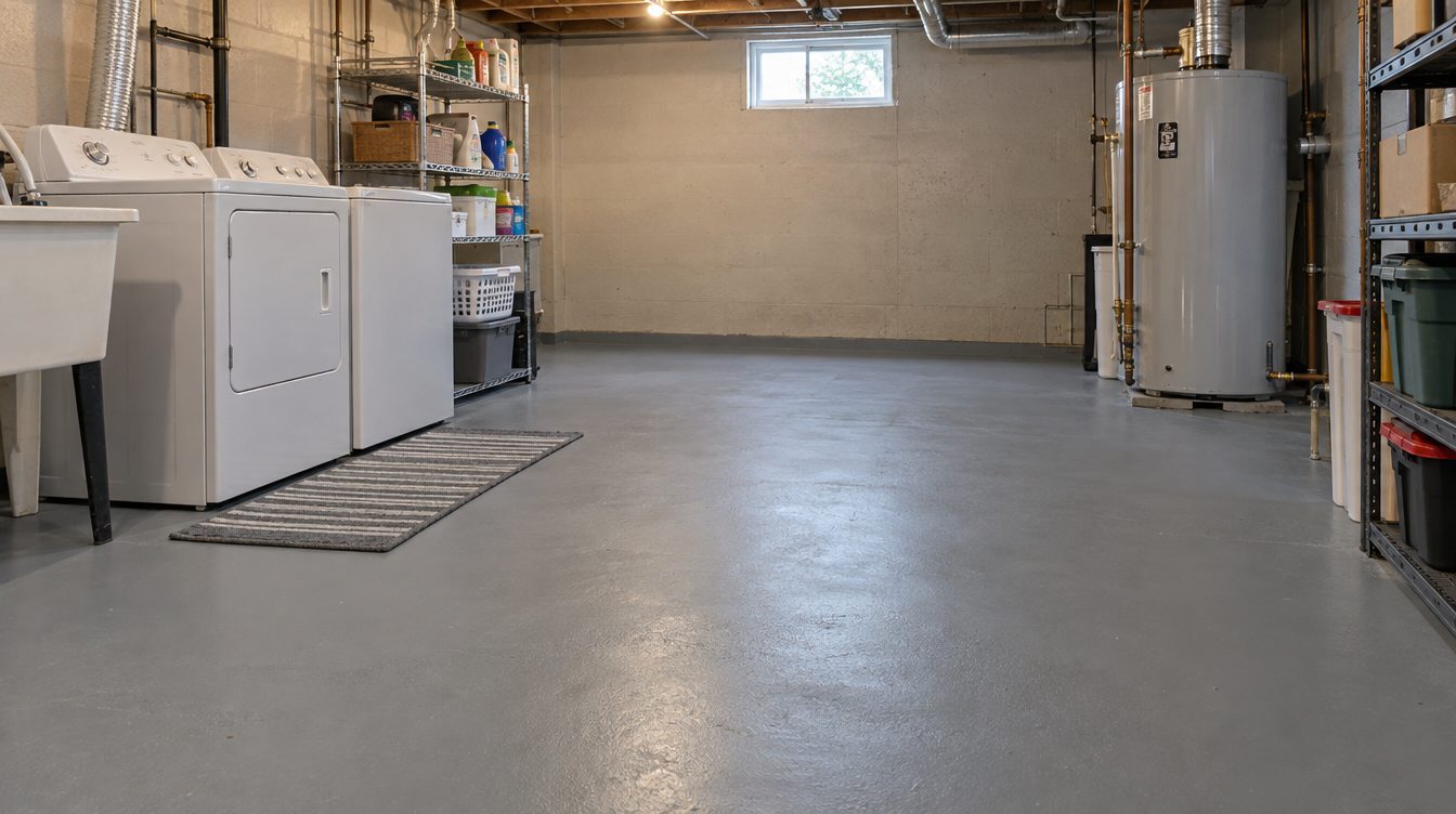 Coated basement laundry-room floor