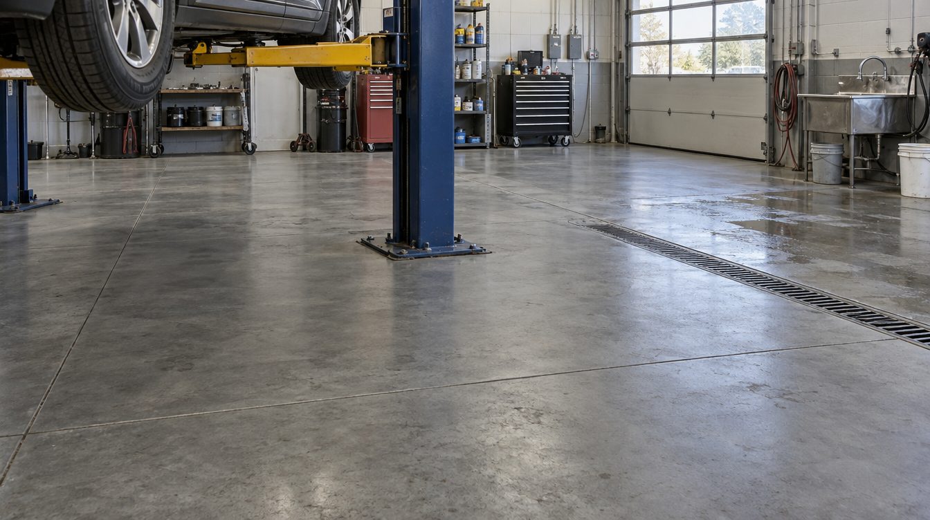 Coated auto service bay floor