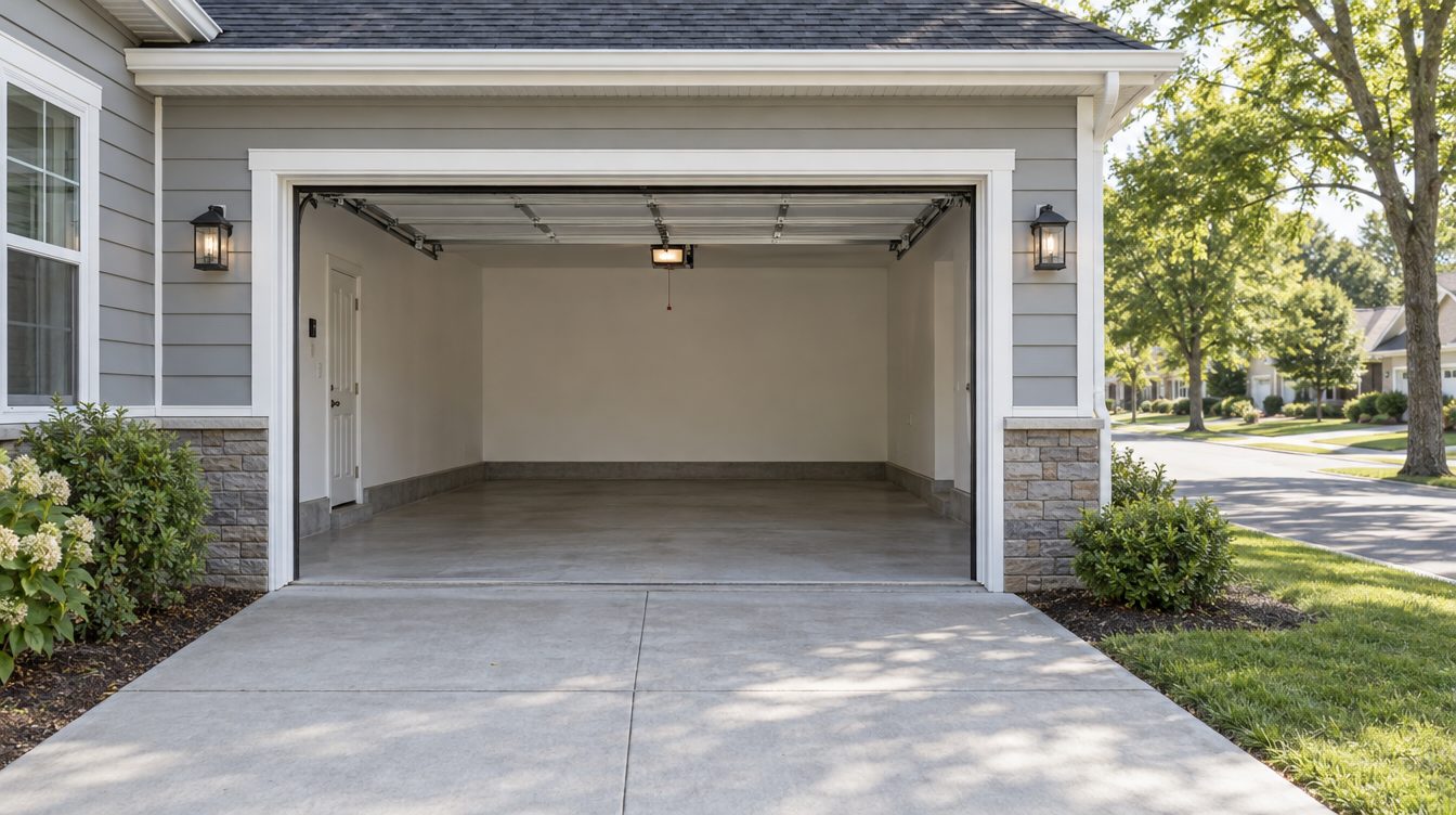 Coated driveway leading to a garage