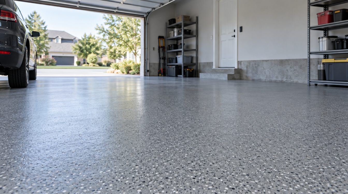 Decorative flake coating at a garage entry