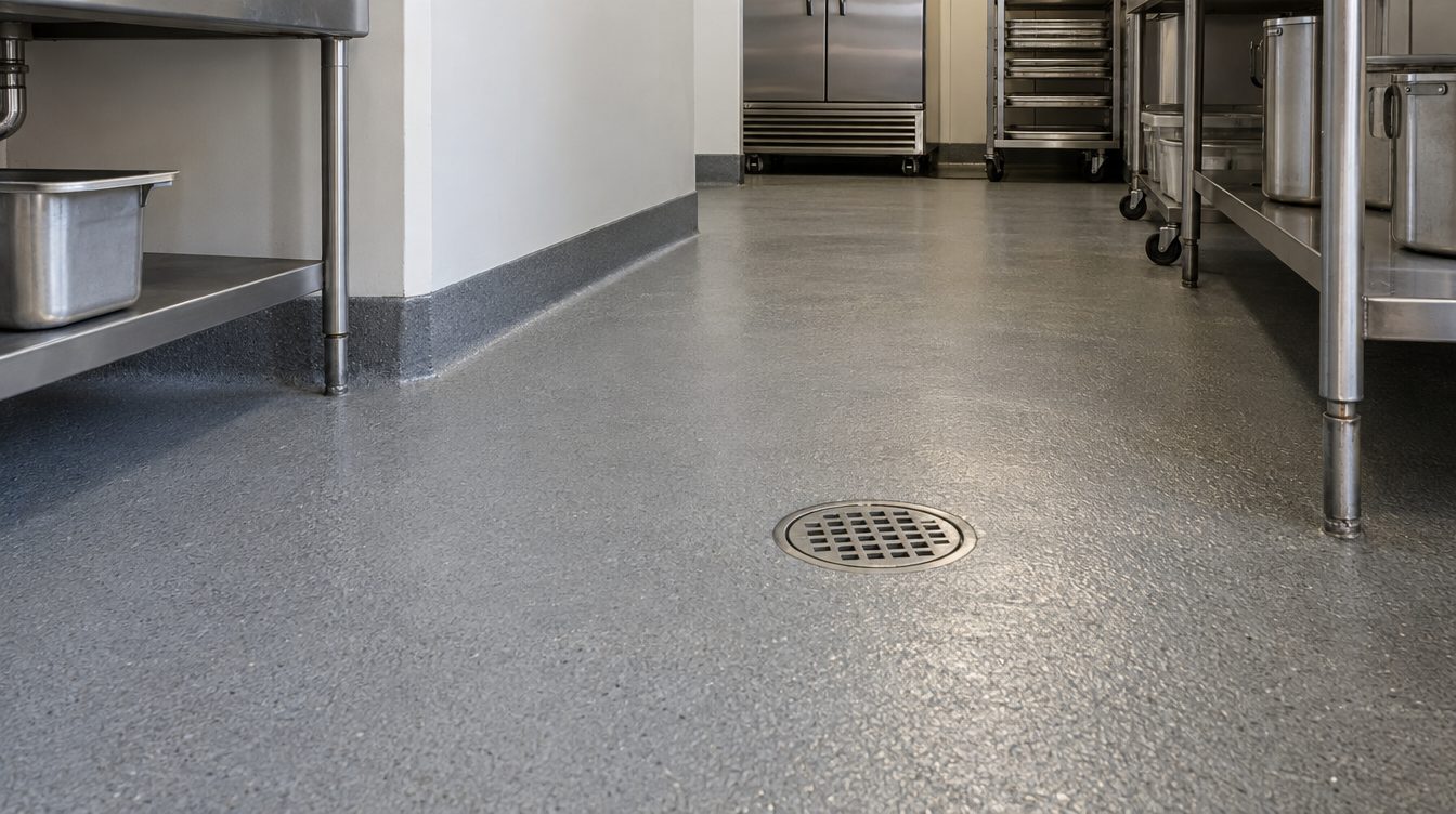 Commercial kitchen floor around a drain