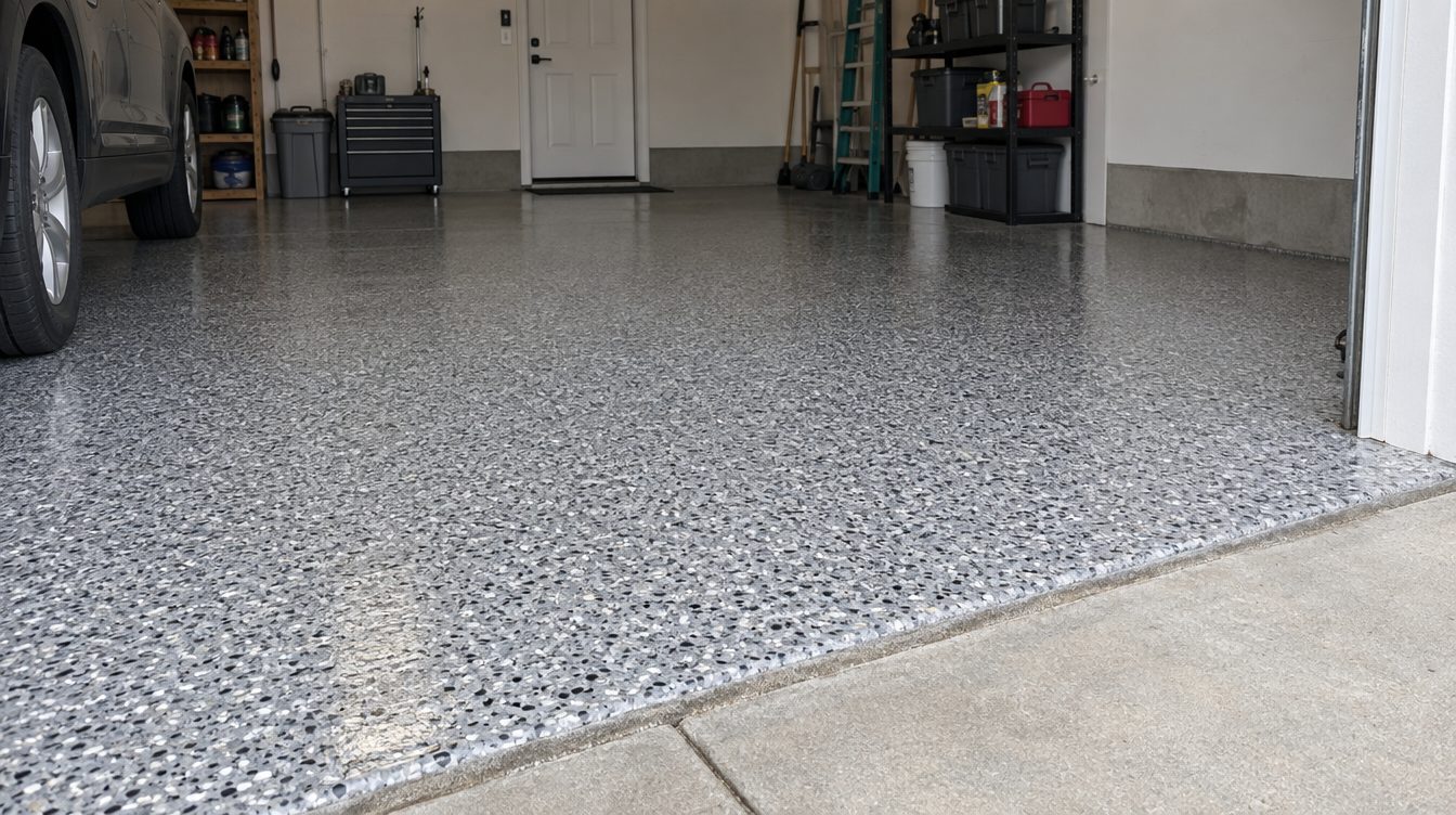 Flake-coated garage floor at the threshold
