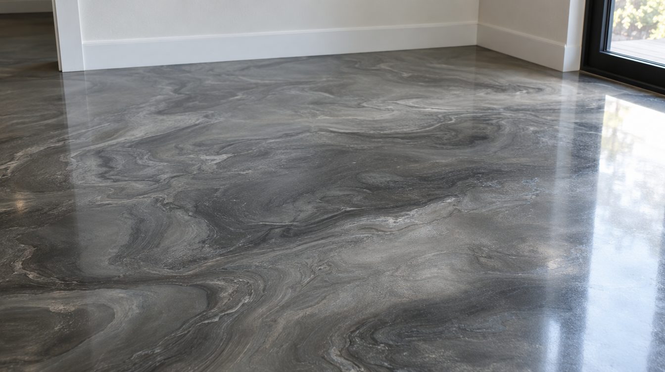 Pewter metallic epoxy floor with a swirled finish