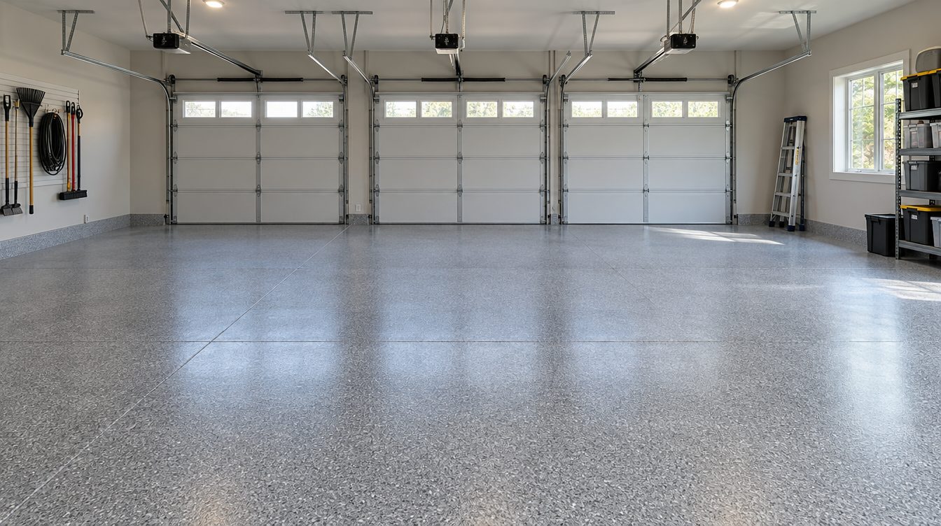 Three-car garage with a flake floor coating